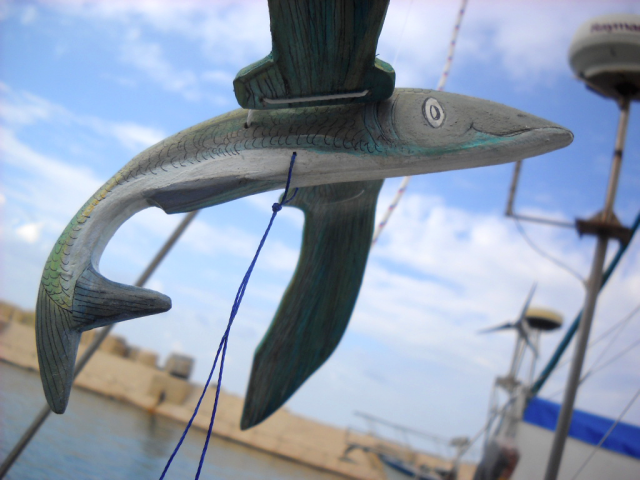 Hanging Mobile of a Flying Fish made out of wood and handpainted